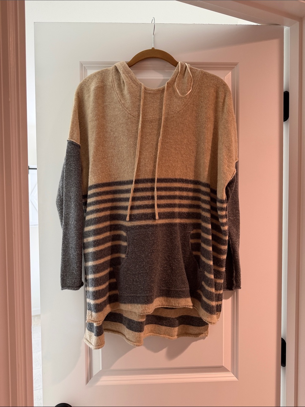lovestitch Beige and Gray Striped Knit Hoodie Sweater